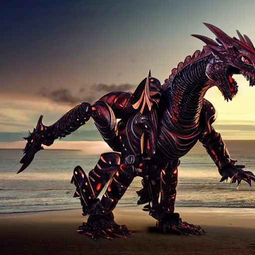 Prompt: chest up shot, realistic detailed stunning beautiful armored anthropomorphic humanoid robot female dragon, looking to the side with an elegant pose of hand on hip, smooth and streamlined armor and design made of steel, sharp claws and sharp teeth, high quality head, Slick LEDs, standing on two legs, on the beach during sunset, high quality, cinematic art, sci fi, sunset lighting, 3D render, 8k, artstation, deviantart, furaffinity