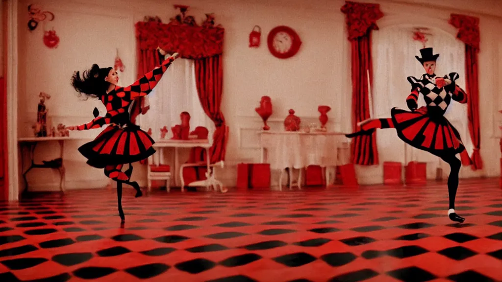 Image similar to a harlequin dances in a checkered red and black tea room inspired by Alice in wonderland, film still from the movie directed by Denis Villeneuve with art direction by Zdzisław Beksiński, wide lens