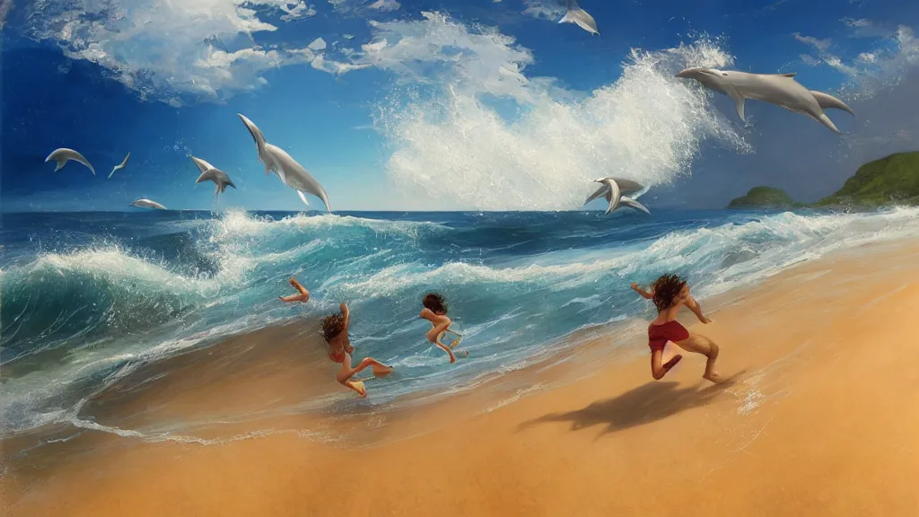 Prompt: first person view of breaking waves on the shore, summer, clear beautiful sky, bright sky, dolphins 🐬 jumping and playing near the shore, peaceful, amazing, by andreas rocha and john howe, and Martin Johnson Heade, featured on artstation, featured on behance, golden ratio, ultrawide angle, f32, well composed