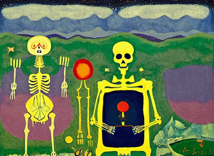 Image similar to pixel decollage painting tarot magician card composition wonky alien skeleton cook chef with knives on a horse in a dark green cloudy night sky with golden foil stars, occult symbols and tears, mountain lake and blossoming field in background, painted by mark rothko, helen frankenthaler, danny fox and hilma af klint, pixelated, neo expressionism