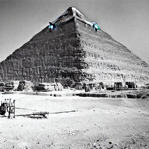 Image similar to a photograph of the great pyramid of giza at the early stages of construction with heavy scaffolding in place, the top of the pyramid has yet to be built, dslr high resolution