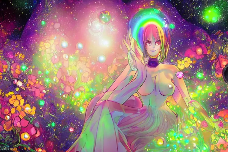 Image similar to psychedelic, whimsical, anime, 4k, beautiful lusty woman smoking weed, with professional makeup, long trippy hair, a crystal and flower dress, sitting on a reflective pool, surrounded by gems, underneath the stars, rainbow fireflies, trending on patreon, deviantart, twitter, artstation, volumetric lighting, heavy contrast, art style of Greg Rutkowski and Miho Hirano and Ross Tran