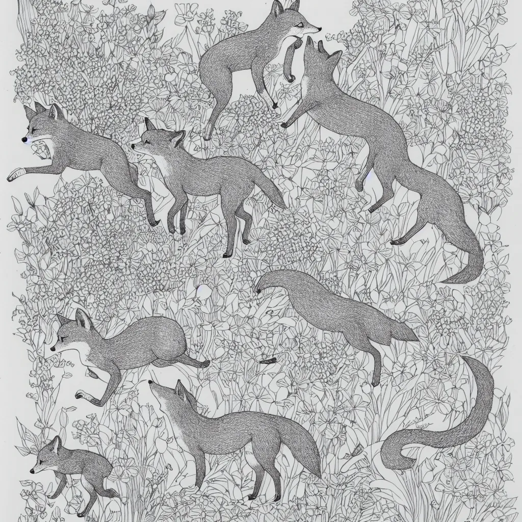 Image similar to foxes playing jumping in tranquillity garden ink drawing by james jean very fine linework