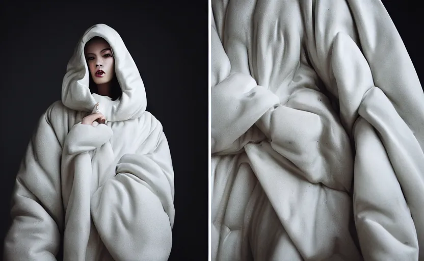 Image similar to well lit fashion shoot portrait of extremely beautiful female marble statue wearing huge over size puffer jacket by dingyun zhang, yeezy, balenciaga, vetements, a cold wall, sharp focus, clear, detailed,, cinematic, detailed, off white, glamourous, symmetrical, vogue, editorial, fashion, magazine shoot, glossy