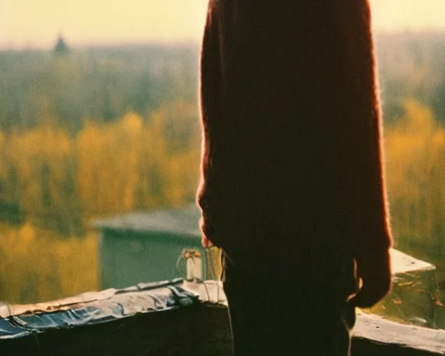 Image similar to lomographic tarkovsky film still of 4 0 years russian man with beard and sweater standing on small hrushevka 9 th floor balcony in taiga looking at sunset, perfect faces, cinestill, bokeh