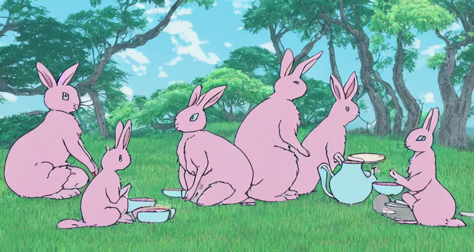 Prompt: 3 pink and teal colored bunnies having a tea party, by studio ghibli, makoto shinkai, beautiful nature illustration