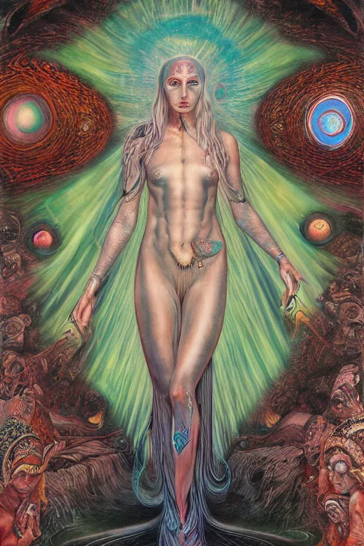 Image similar to mystic cult girl performing third eye ritual, expanding energy into waves into the ethos, epic surrealism oil paint, post modernist layering, by Ernst Fuchs, John Howe highly detailed