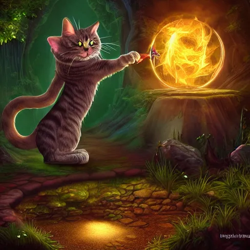 Image similar to fantasy cat casting a magic spell, high detail, fantasy art, concept art, 4 k, ultra detail, computer art