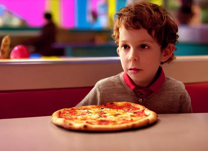 Prompt: portrait of charlie kaufman eating pizza at chuck - e - cheese with sloppy cheesy sauce, dramatic lighting, moody film still from 2 0 1 6, 3 5 mm kodak color stock, 2 4 mm lens, directed by spike jonze, ecktochrome