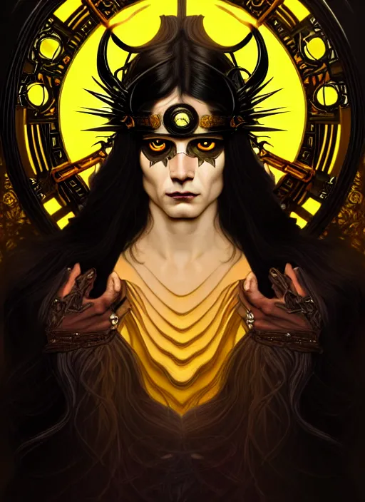 Image similar to portrait of god ares, long black hair, glowing eyes, volumetric lights, fire background, art nouveau botanicals, yellow scheme, gothic, intricate, highly detailed, digital painting, artstation, concept art, smooth, sharp focus, symmetric face, illustration, steampunk, art by artgerm and greg rutkowski and alphonse mucha