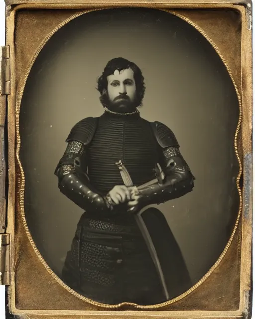 Prompt: daguerreotype of a man wearing medieval western armor with a dragon head in his hand, classical portrait, 1 8 9 4
