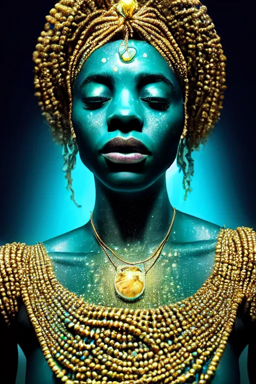 Image similar to hyperrealistic whole body cinematic bioluminescent very expressive! oshun goddess underwater scene, gold jewerly, highly detailed face, digital art masterpiece, smooth eric zener cam de leon, dramatic pearlescent turquoise light on one side, low angle uhd 8 k, shallow depth of field