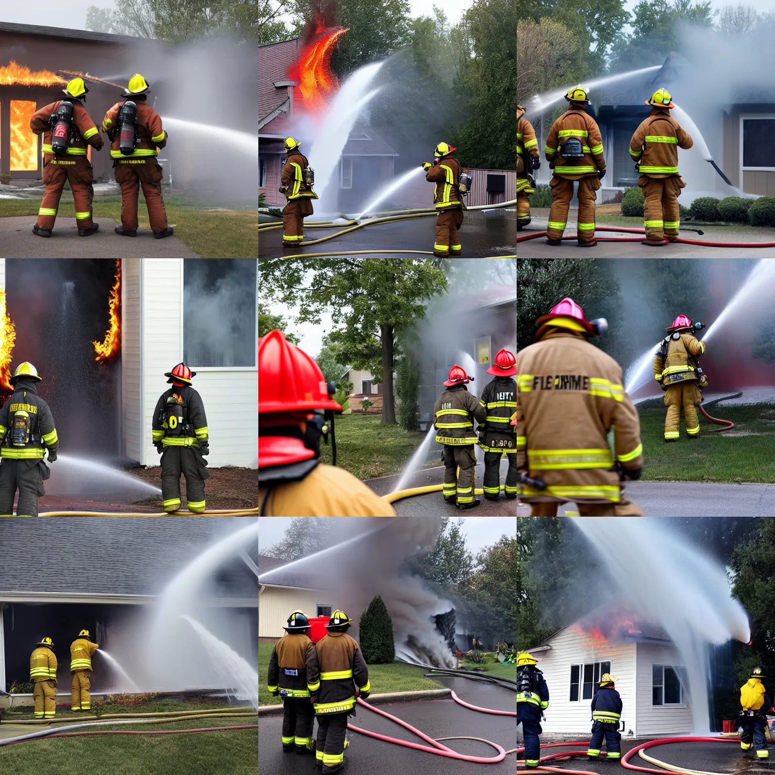 Prompt: firefighters laughing while spraying fire on a house