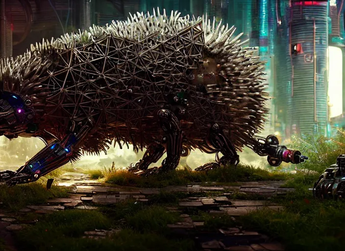 Image similar to giant intricate mechanical hedgehog with cybernetic enhancements and visible gears, on the background of a weird magical mechanical forest. Very detailed 8k. Fantasy cyberpunk horror. Sharp. Cinematic post-processing. Unreal engine. Nanite. Ray tracing. Parallax. Tessellation