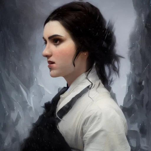 Image similar to furious dark haired women, portrait by karl spitzweg, wearing black coat, black makeup, ice mage, shooting ice, oil painting,, fantasy artwork, fantastic artwork, 4 k, trending on artstation