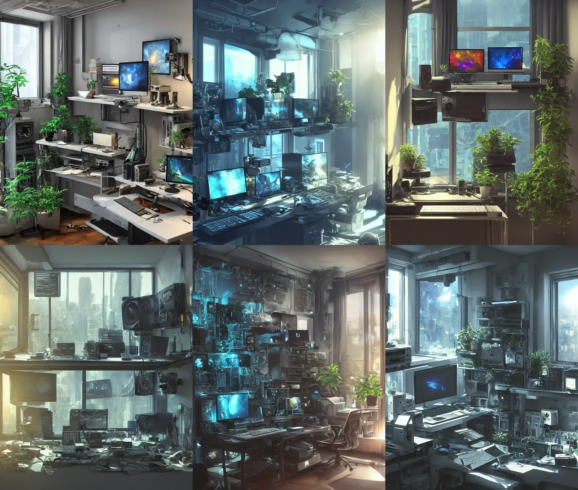 Prompt: detailed scifi artstation scene of a complex computer workstation in a small studio apartment room, a potted plant, many monitors, many electronics, a window view, maximalism, ambient occlusion, volumetric light, sunny amber morning light, soft sun beam, atmospheric haze, unreal engine, hyperrealism, realistic shading, blender render, photorealistic, wide shot
