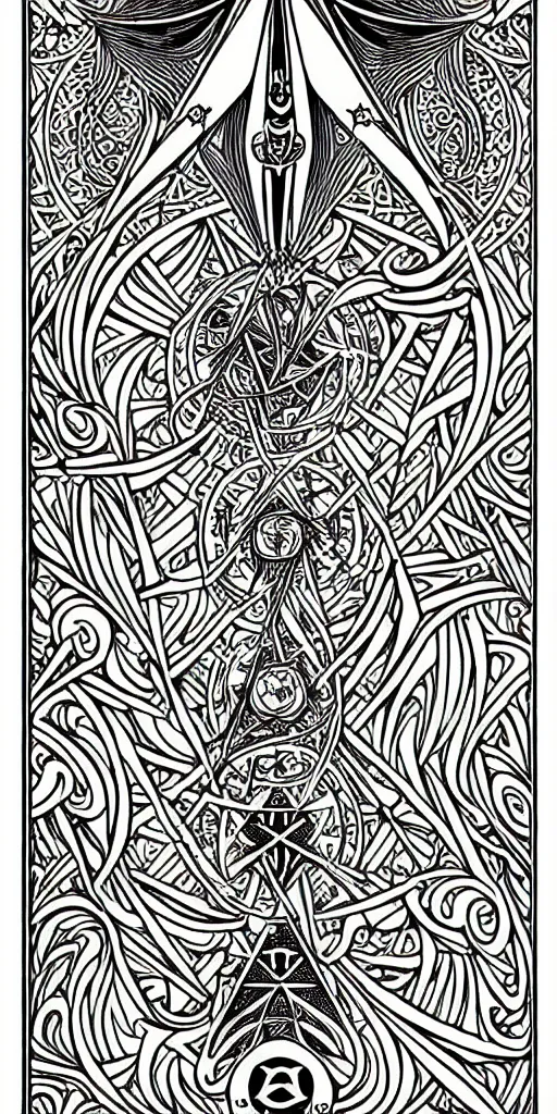 Image similar to a beautiful black and white fractal tarot card featuring bold occult imagery with clean lines. 👹. detailed adult coloring book