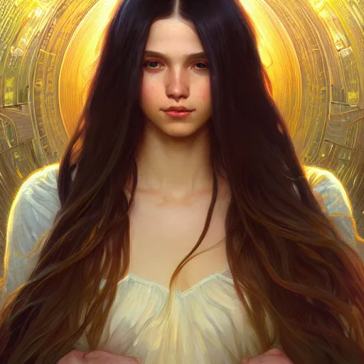 Image similar to girl with super long hair, hair becoming bright stars, intricate, highly detailed, digital painting, artstation, concept art, smooth, sharp focus, illustration, unreal engine 5, 8 k, art by artgerm and greg rutkowski and alphonse mucha