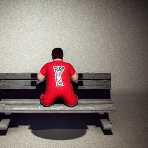 Image similar to patrick with a sad!!! expression slouching on a bench in the bikini bottom, global illumination!!! dim lighting, midnight, cinematic, extremely detailed, beautiful, stunning composition, beautiful light rays, trending on artstation