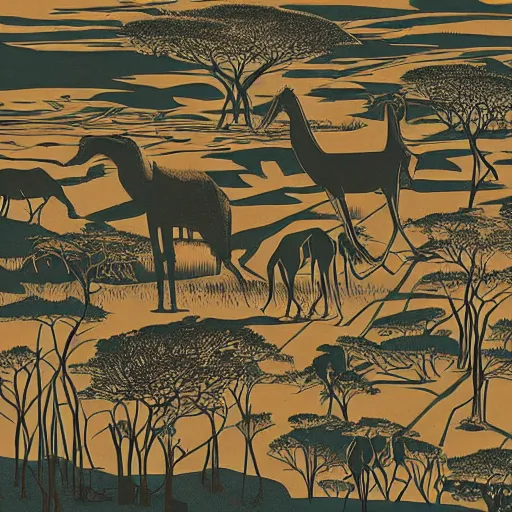Image similar to safari on a surreal martian like world, strange unknown tall giraffe like creatures roaming the barren plains, woodblock, black fine lines on warm brown, by stanley donwoood, by victo ngai