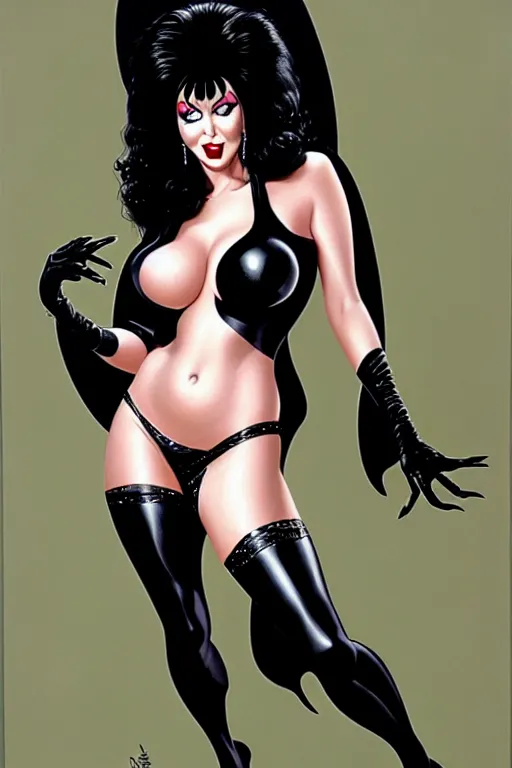 Image similar to a ( beautiful masterpiece highly detailed ) full body portrait illustration of intimate alluring elvira! mistress of the dark by ralph horsely and artgerm and joe jusko, raven black hair, pearlescent white skin. trending on artstation