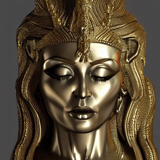 Prompt: a full body madonna virgin statue made of iridiscent metal inspired by the looks of vishnu, very detailed, unreal engine 5, made for an art gallery