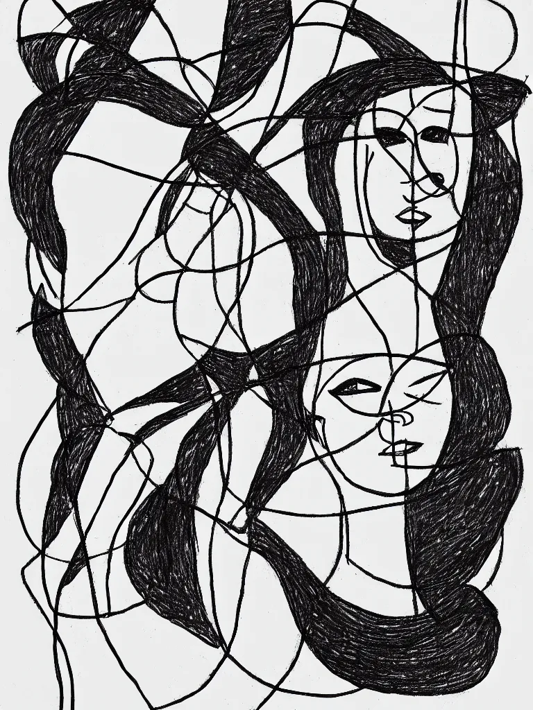 Image similar to intricate female portrait, one line drawing, bold quick sketch inspired by bauhaus, henri matisse.