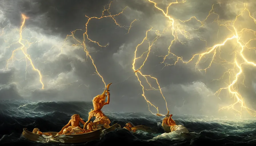 Image similar to baroque painting of zeus throwing lightning bolts on poseidon, hyperdetailed, artstation, cgsociety, 8 k