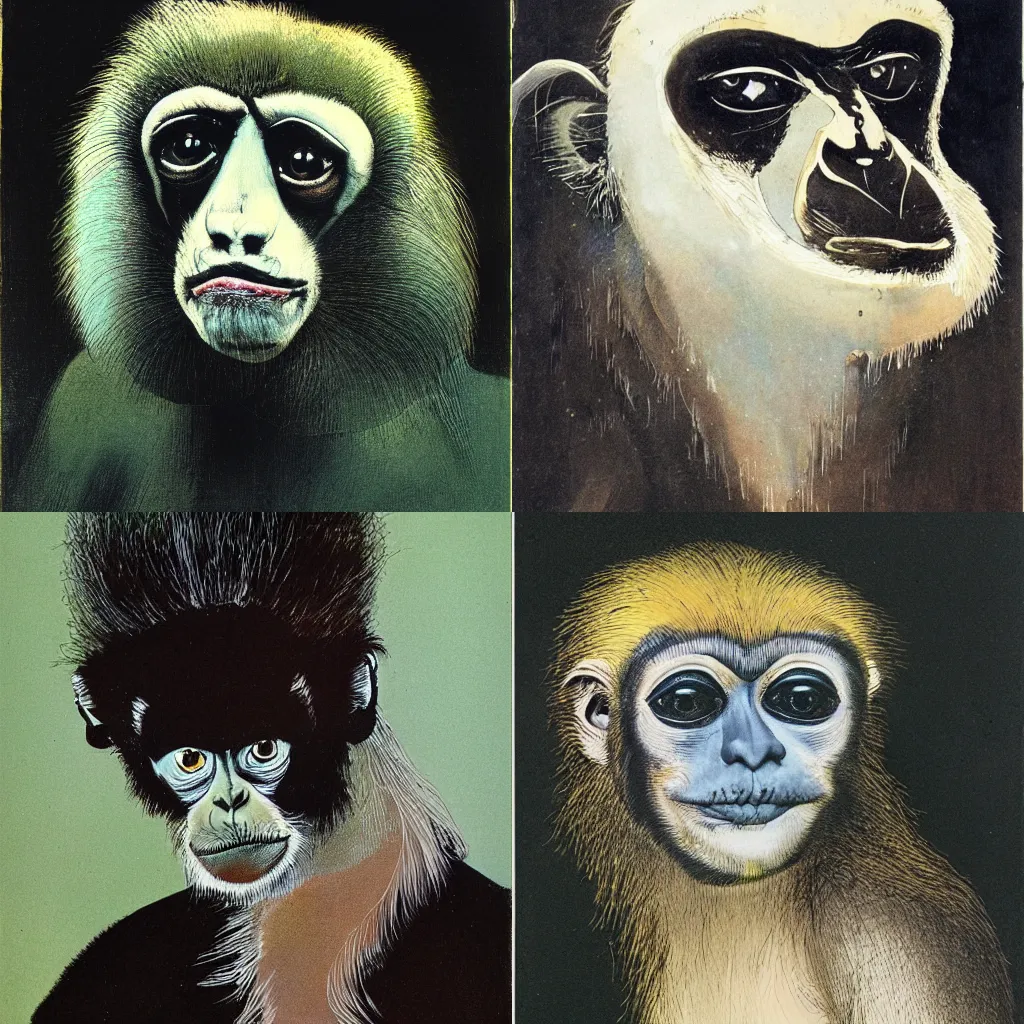 Prompt: portrait of a gibbon by, Ralph Steadman, Francis bacon