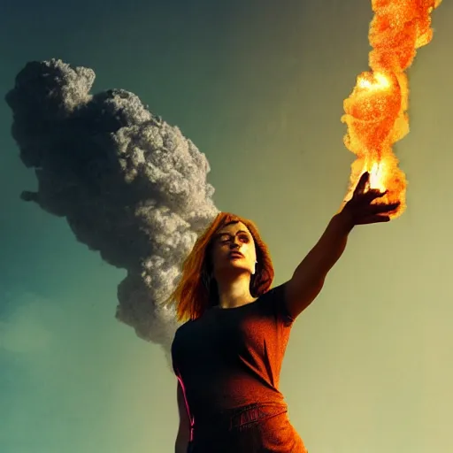 Prompt: a woman up there, sci - fi, town, on fire, giant, photoshop, colossal, creative and cool, photo manipulation, low angle