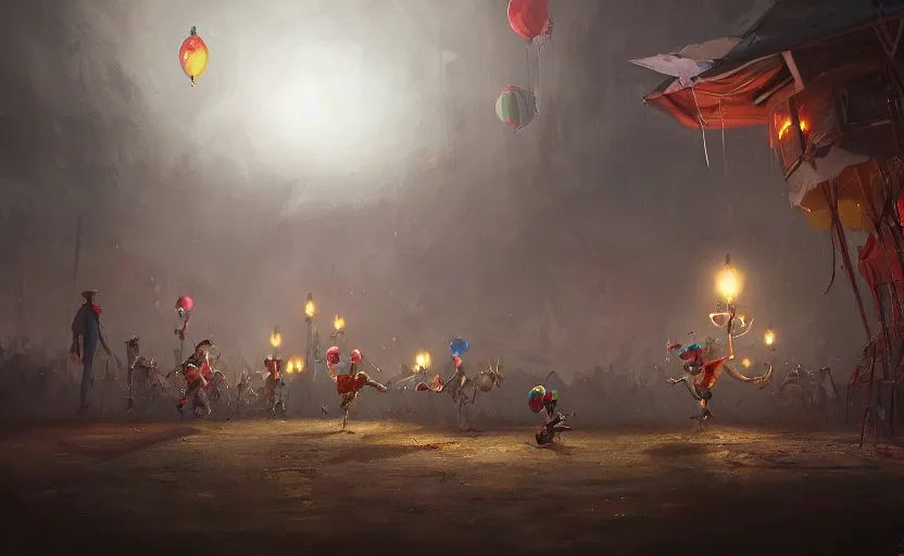 Prompt: A clown chasing screaming children across the circus grounds Greg Rutkowski, night time, highly detailed, level design, concept art, artstation, cgsociety, zenith view