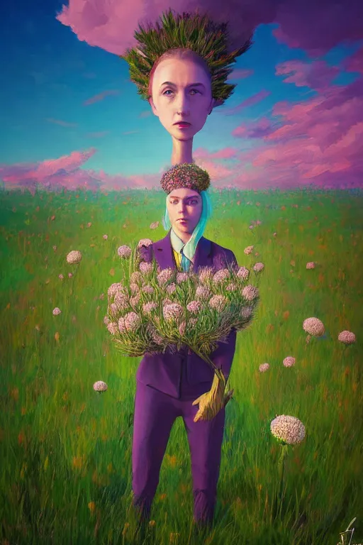 Image similar to portrait, enormous thistle flower under head, a girl in a suit in field of flowers, surreal photography, sunrise, blue sky, dramatic light, impressionist painting, digital painting, artstation, simon stalenhag