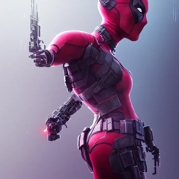 Image similar to charlize theron as lady deadpool. intricate abstract. intricate artwork. by tooth wu, wlop, beeple, dan mumford. octane render, trending on artstation, greg rutkowski very coherent symmetrical artwork. cinematic, hyper realism, high detail, octane render, 8 k, iridescent accents