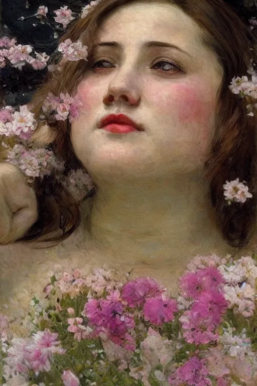 Image similar to close - up fashion fat woman portrait airy flowers cloudy sky art by vasnetsov