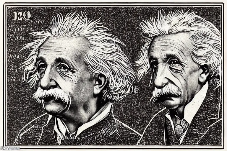 Prompt: an engraved portrait of albert einstein surrounded by intricate equations of theory of relativity, detailed!!! copper - plate engraving in the style of a postage stamp, fine!!! lines, engraved by alfred sealey, bureau of engraving and printing