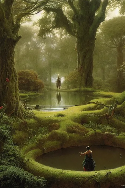 Image similar to the warrior god zeus walks in dark gardens beside a small pond, misty, stately home visible in distance through trees, greg staples, jack kirby, boris vallejo, ruan jia, lawrence alma tadema, zdzislaw beksinski, carl spitzweg, everett raymond kinstler, norman rockwell