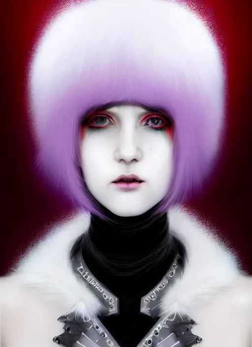 Image similar to whitebangs, black hair, black cyberlox, portrait of normal teenage girl, normal face, white bangs, fluffy bangs, cyberlox, whitebangs, red contact lenses, purple background, intricate, elegant, highly detailed, digital painting, artstation, concept art, sharp focus, smooth, illustration, art by wlop, mars ravelo and greg rutkowski