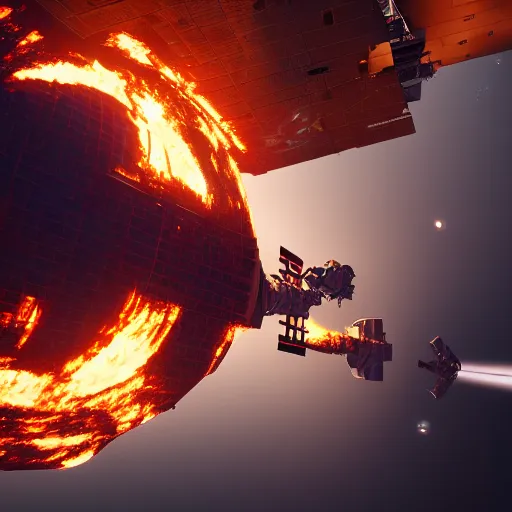 Image similar to international space station burning up while re - entry to earth, trending on artstation, artstationhd, octane render, imax, highly detailed, dystopian, hyperrealism, unreal engine, greg rutkowski, cinema 4 d