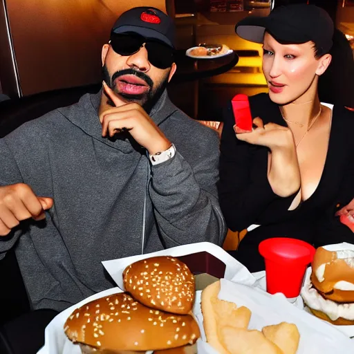 Image similar to rapper drake eating at burger king's fast food with bella hadid, photorealistic, dynamic light, ultra detailed