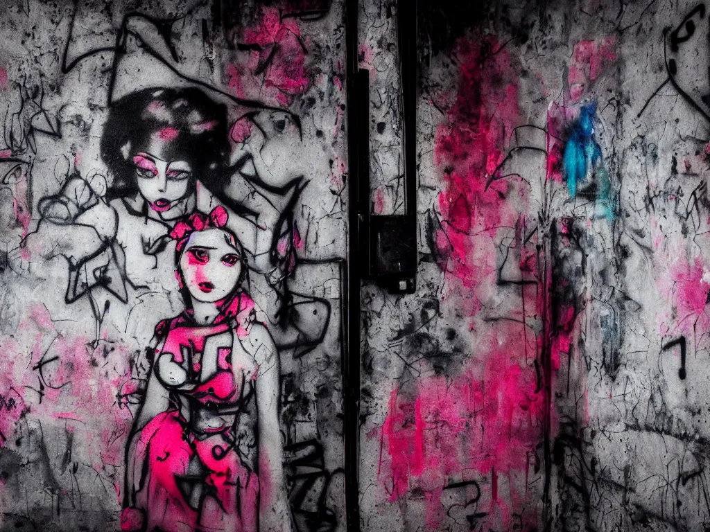 Image similar to graffiti in an abandoned bunker, cute fumo plush gothic black enigmatic maiden girl painted in spilt red ink and washed watercolor, neon light, avant garde pop art, filmic, daylight, captured on canon eos r 6