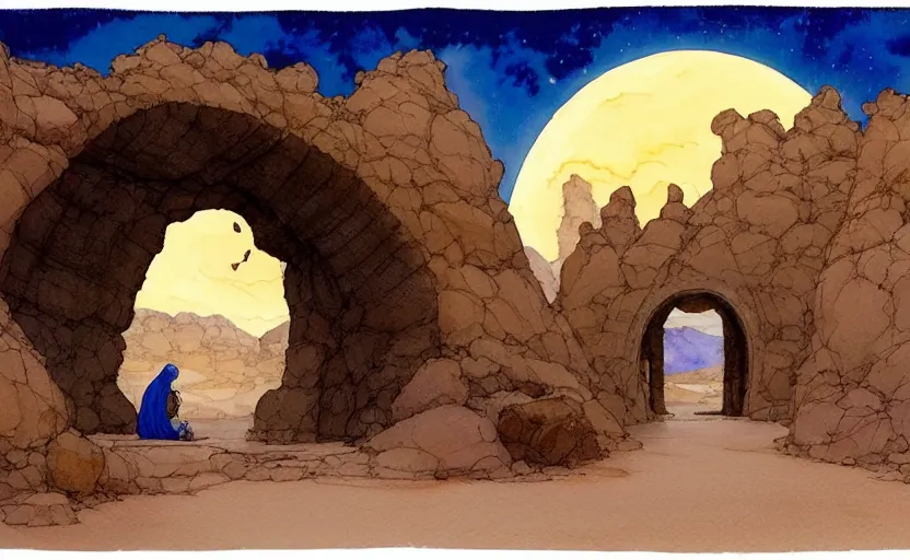 Image similar to a hyperrealist watercolour concept art of a desert night. through a large rock arch is a time portal to a clear blue sky. a medieval monk in grey robes is kneeling in prayer below it on a desert road at night. by rebecca guay, michael kaluta, charles vess and jean moebius giraud. high detail, hq, wide shot