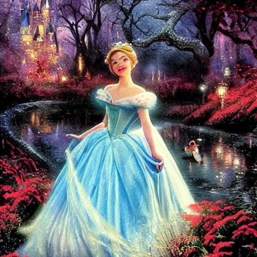 Prompt: realistic portrait charming beautiful painting from Cinderella film scene, when Cinderella become Crazy bathed in blood Witch Horror, created by Thomas Kinkade.