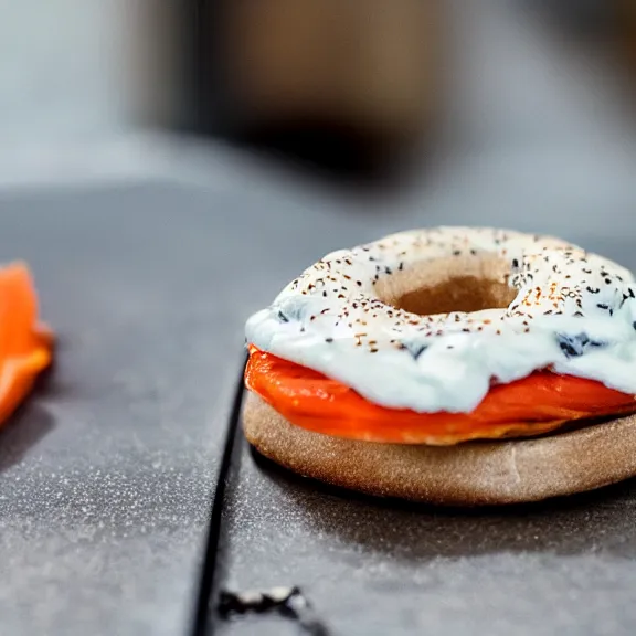 Prompt: cream cheese smoked salmon bagel, splash art, movie still, cinematic lighting, dramatic, octane render, long lens, shallow depth of field, bokeh, anamorphic lens flare, 8 k, hyper detailed, 3 5 mm film grain