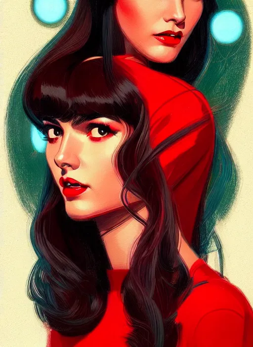 Image similar to portrait of veronica lodge with bangs, 1 9 6 0 s, long hair, red clothes, bangs, intricate, elegant, glowing lights, highly detailed, digital painting, artstation, concept art, smooth, sharp focus, illustration, art by wlop, mars ravelo and greg rutkowski