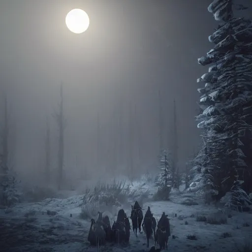 Image similar to the wild hunt, spectres riding in the sky, wraiths of morhogg, bad omen, enchanted forest, blizzard storm, fog, full moon, snowy environment, in the style of the witcher series, hyperrealism, breathtaking, award winning, groundbreaking, octane render, unreal 5, intricate digital art, 8 k high resolution