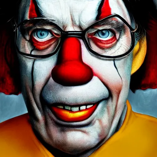 Image similar to a portrait of stephen king with clown makeup on