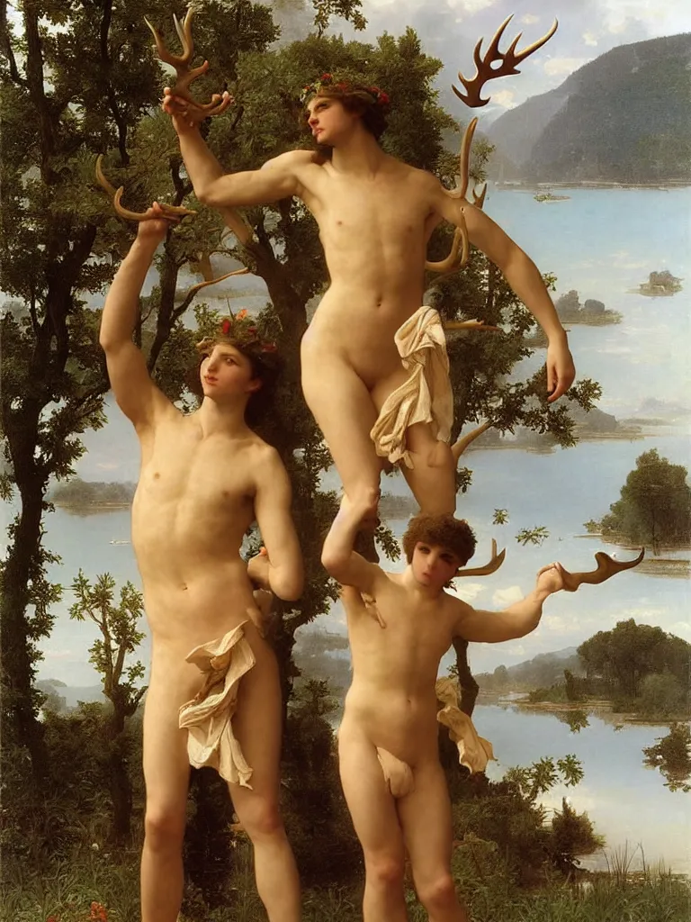 Image similar to a perfect male god with antlers by the lake, by bouguereau and by andrey remnev