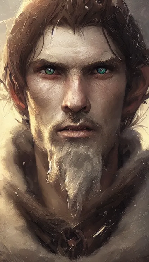 Image similar to Portrait of a rugged elf, male, detailed face, fantasy, highly detailed, cinematic lighting, digital art painting by greg rutkowski