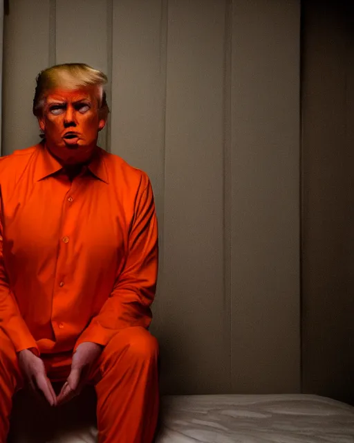 Image similar to closeup portrait of of angry donald trump wearing orange prison pajamas sitting on a bed in a filthy prison, cinematic masterpiece, octane, dramatic lighting, 35mm, very detailed