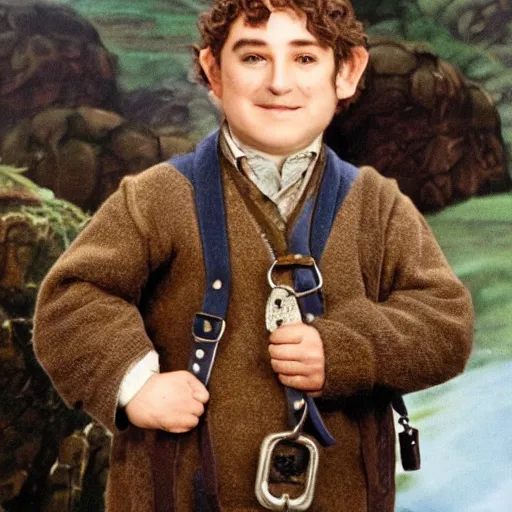 Image similar to clean-shaven (pudgy) british lad with short curly dark brown hair as a hobbit wearing a white men's crossbody sling chest bag and blue vest